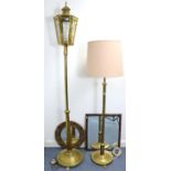 A brass standard lamp with adjustable centre column & on circular base, with shade; another brass