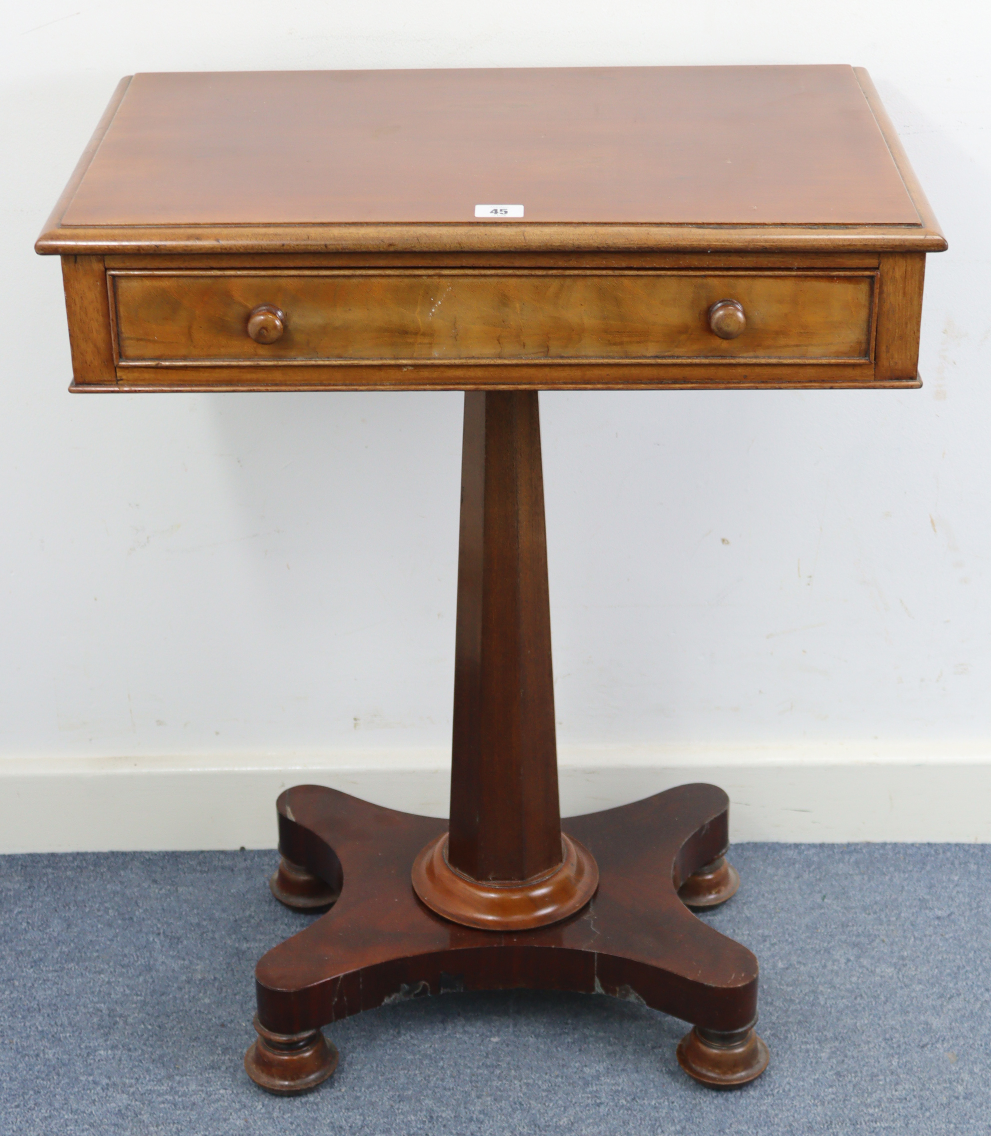 A Victorian mahogany work table, with moulded edge to the rectangular top, fitted frieze drawer & on