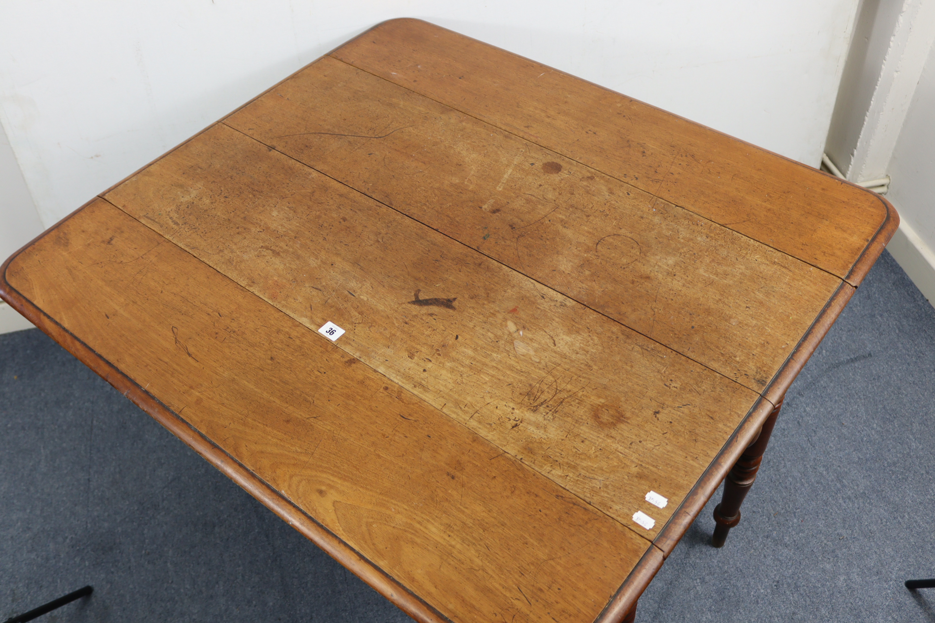 A 19th century mahogany Pembroke table, fitted end drawer & on ring-turned tapered legs, 41” wide. - Image 4 of 5