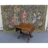 A reproduction tapestry depicting three figures in a garden scene, 70½” x 50”; together with a