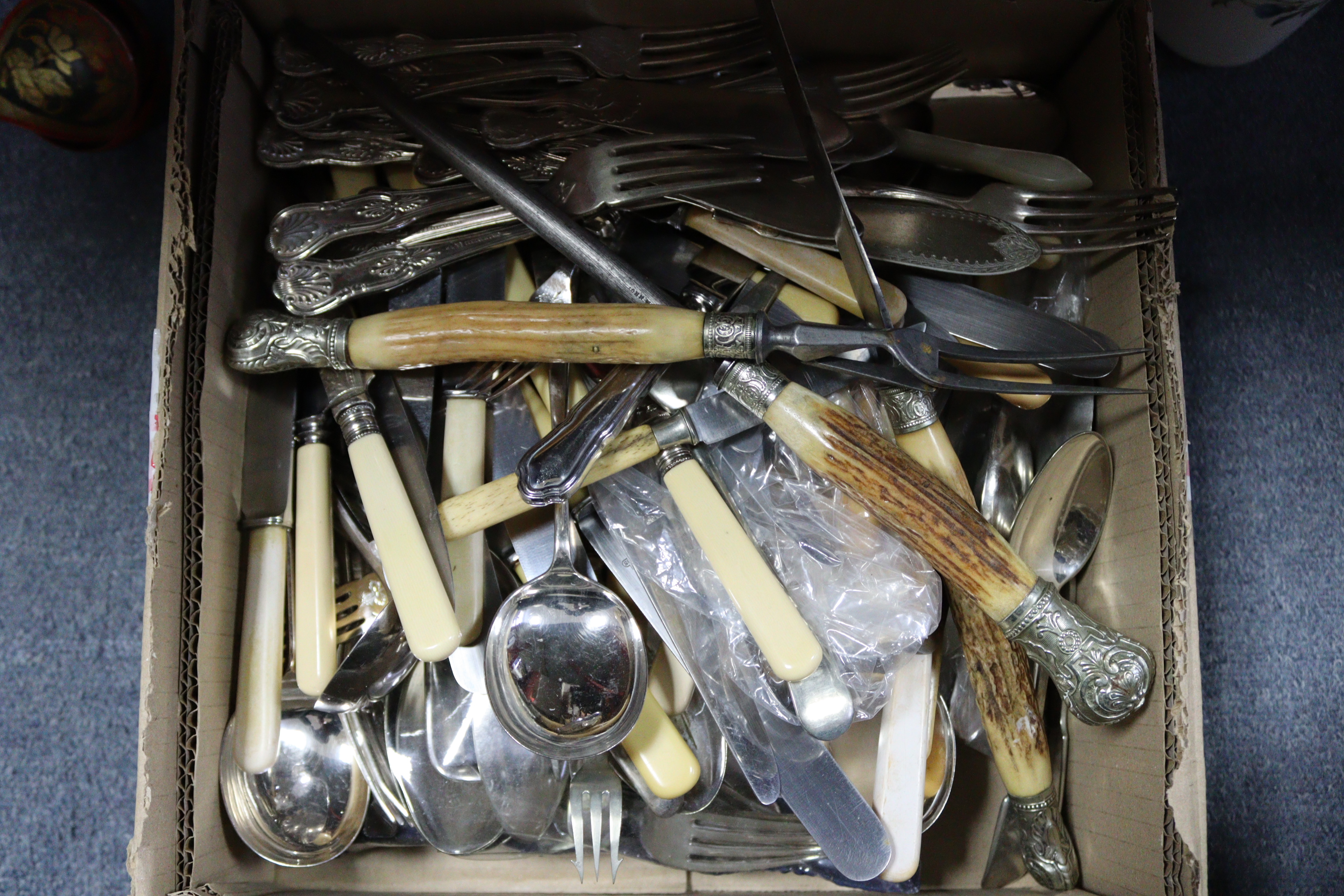 A set of three carvers with antler handles; together with various items of silver plated - Image 5 of 5