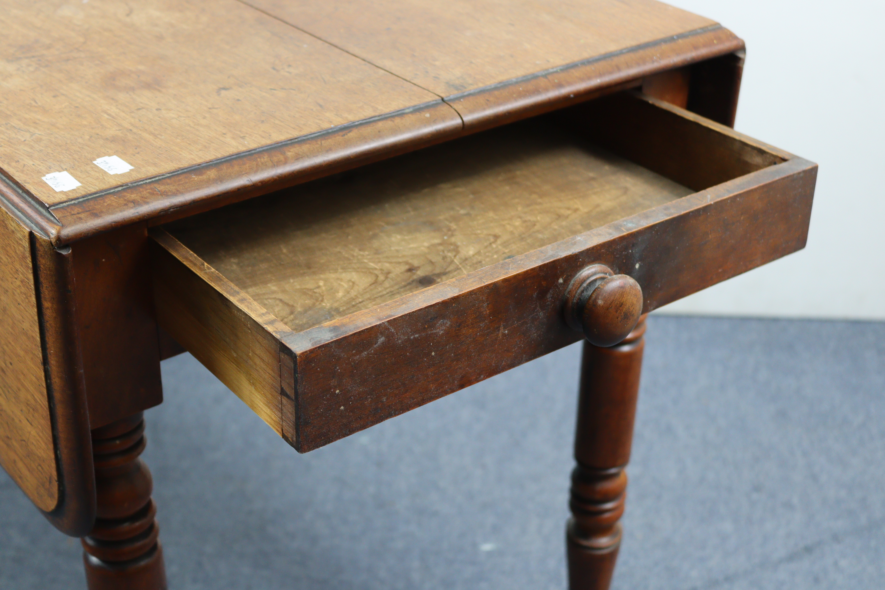 A 19th century mahogany Pembroke table, fitted end drawer & on ring-turned tapered legs, 41” wide. - Image 2 of 5