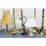 Two brass standard lamps; & five various table lamps, all with shades.
