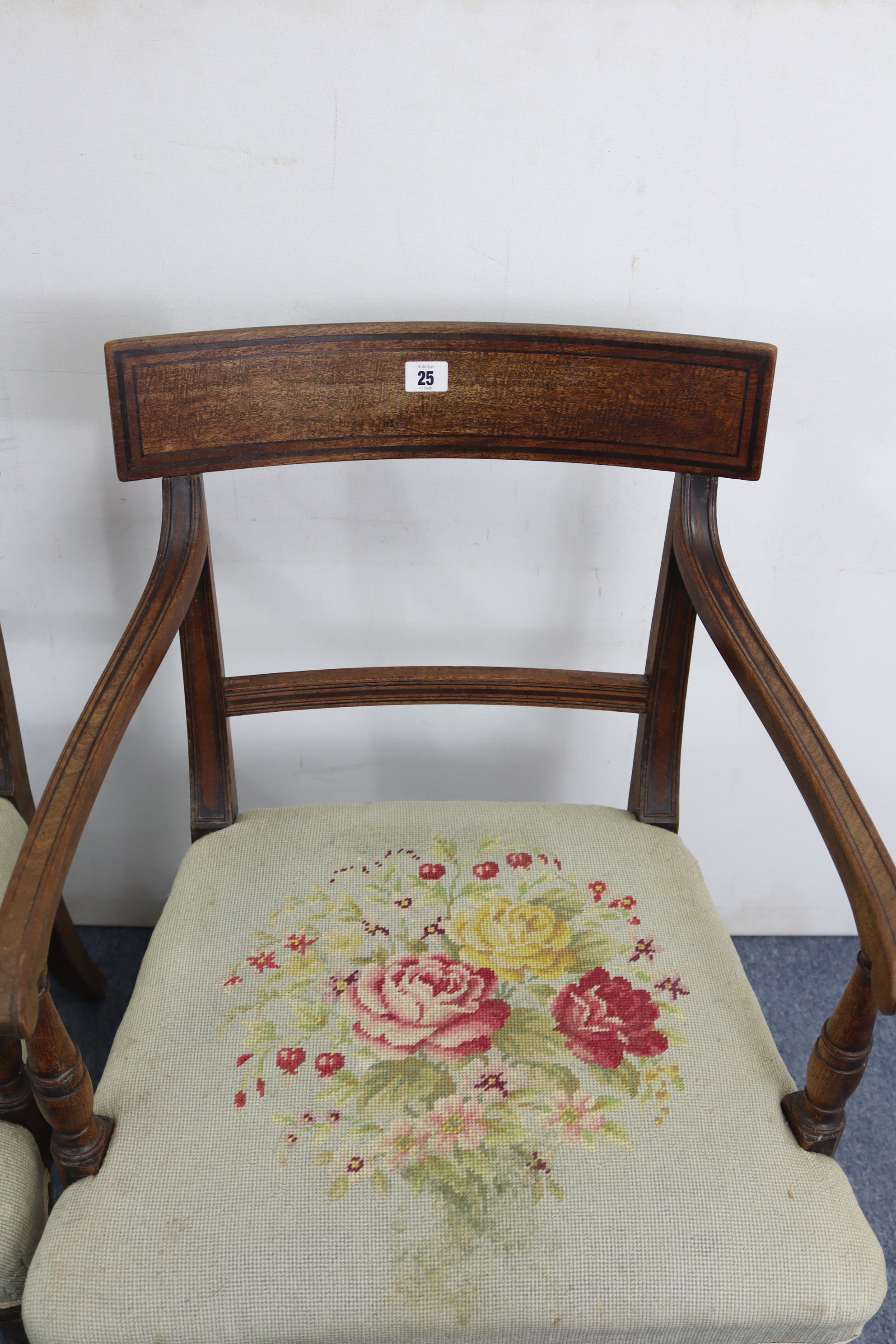 A pair of regency mahogany bow-back carver chairs with padded seats, on turned tapered legs. - Image 4 of 4