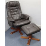 A dark brown leatherette swivel & reclining easy chair on wooden base; & a ditto rectangular foot