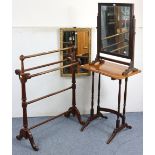 A late Victorian mahogany towel horse, with fluted & turned end supports & cabriole legs, 26½” wide;