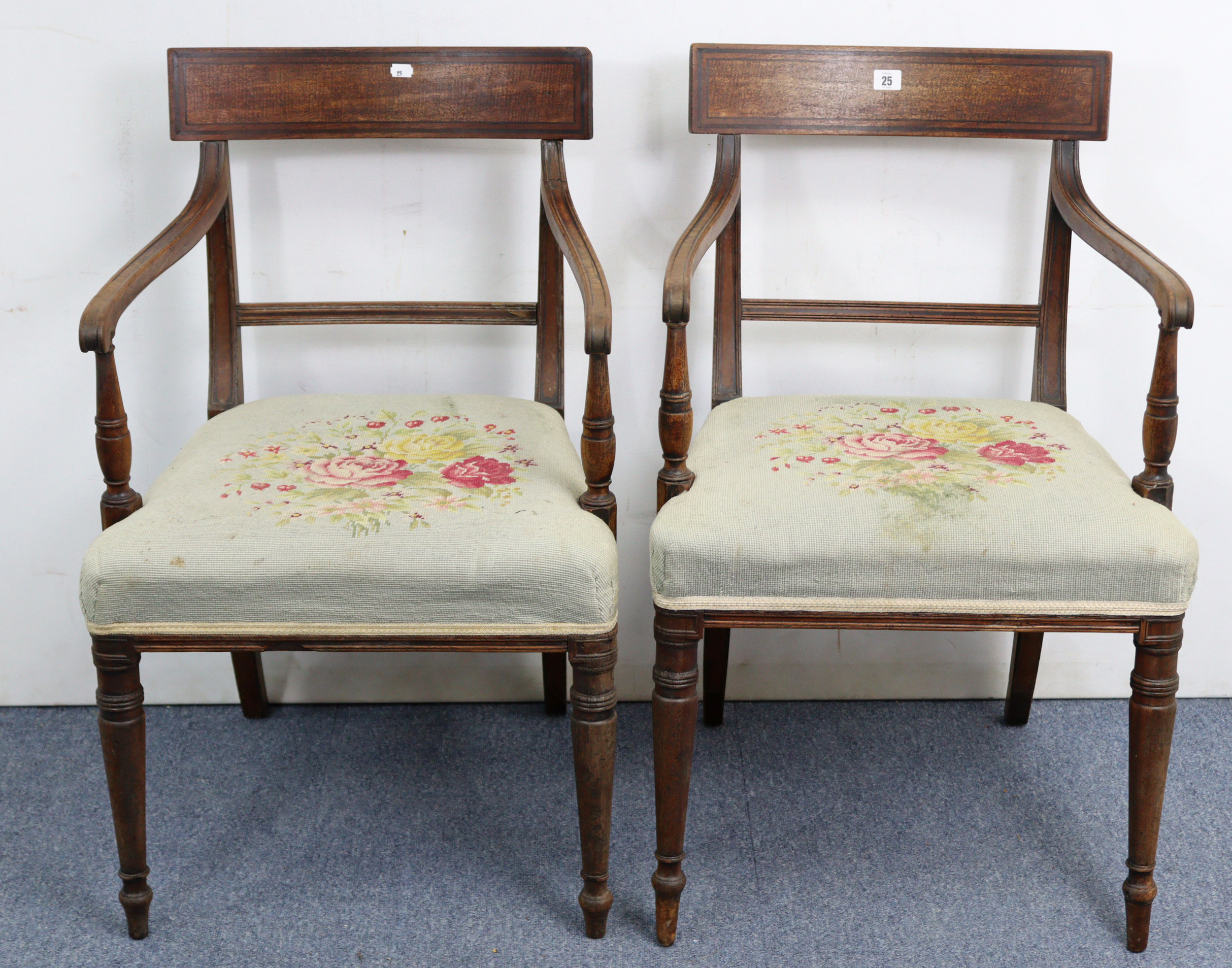 A pair of regency mahogany bow-back carver chairs with padded seats, on turned tapered legs. - Image 2 of 4