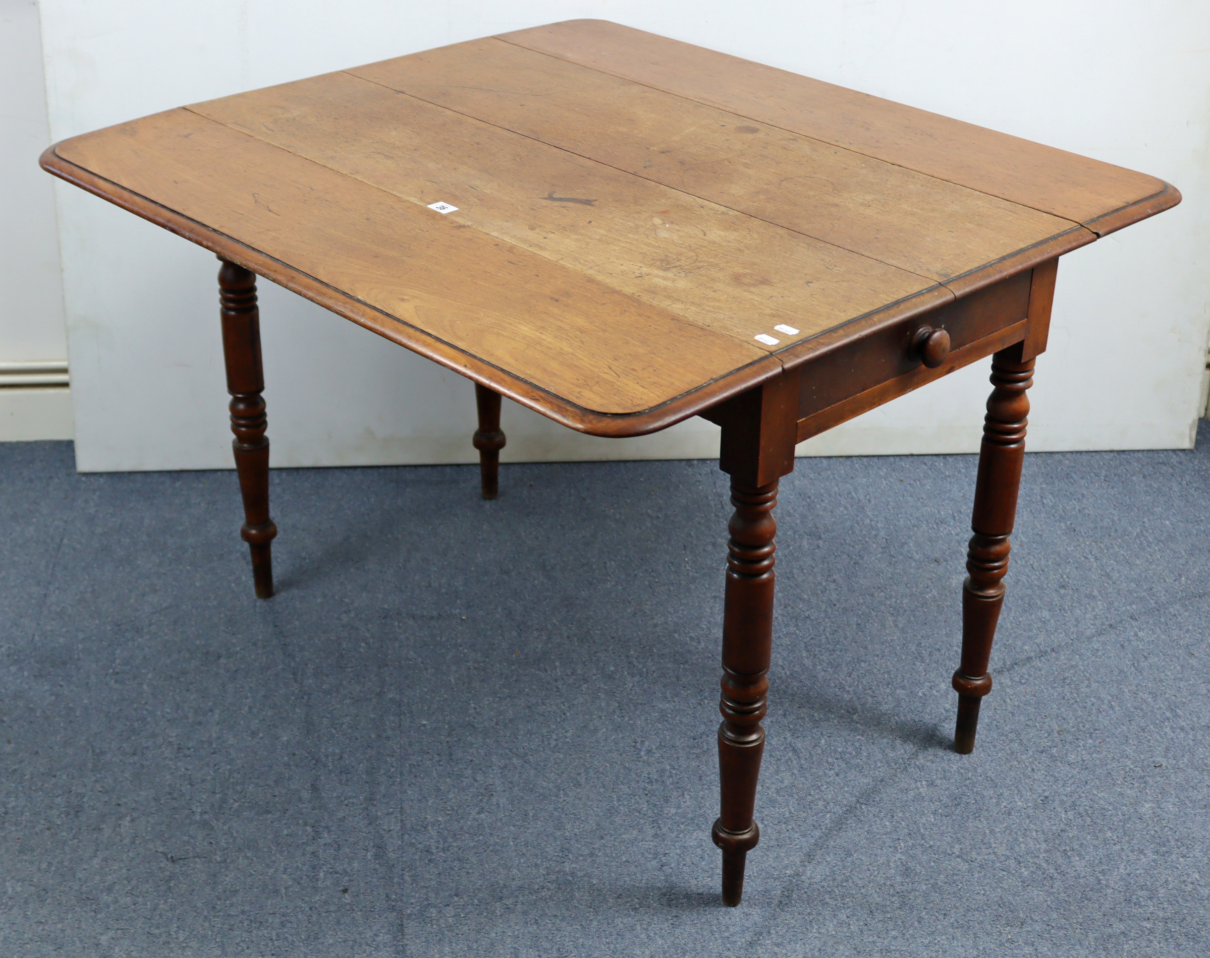 A 19th century mahogany Pembroke table, fitted end drawer & on ring-turned tapered legs, 41” wide. - Image 3 of 5