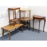 A mahogany demi-lune side table on three slender cabriole legs & pad feet, 22” wide; together with