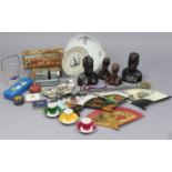 Four ethnic carved hardwood figures; four fans; various items of plated cutlery; & sundry other