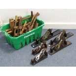 Five Record smoothing planes; thirteen various wooden clamps & various other tools.