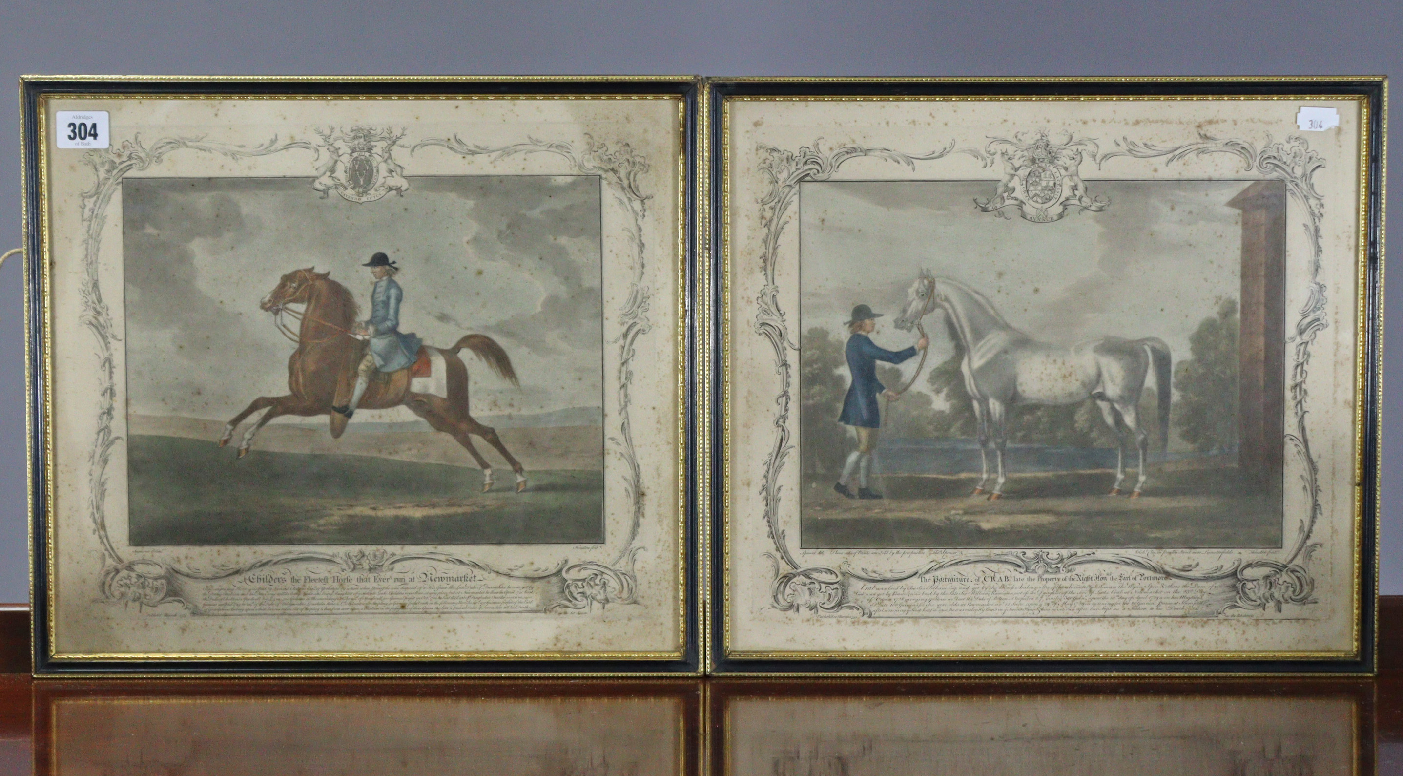 A pair of 19th century coloured engravings, each depicting a race-horse, 13¼” x 14¾”; together