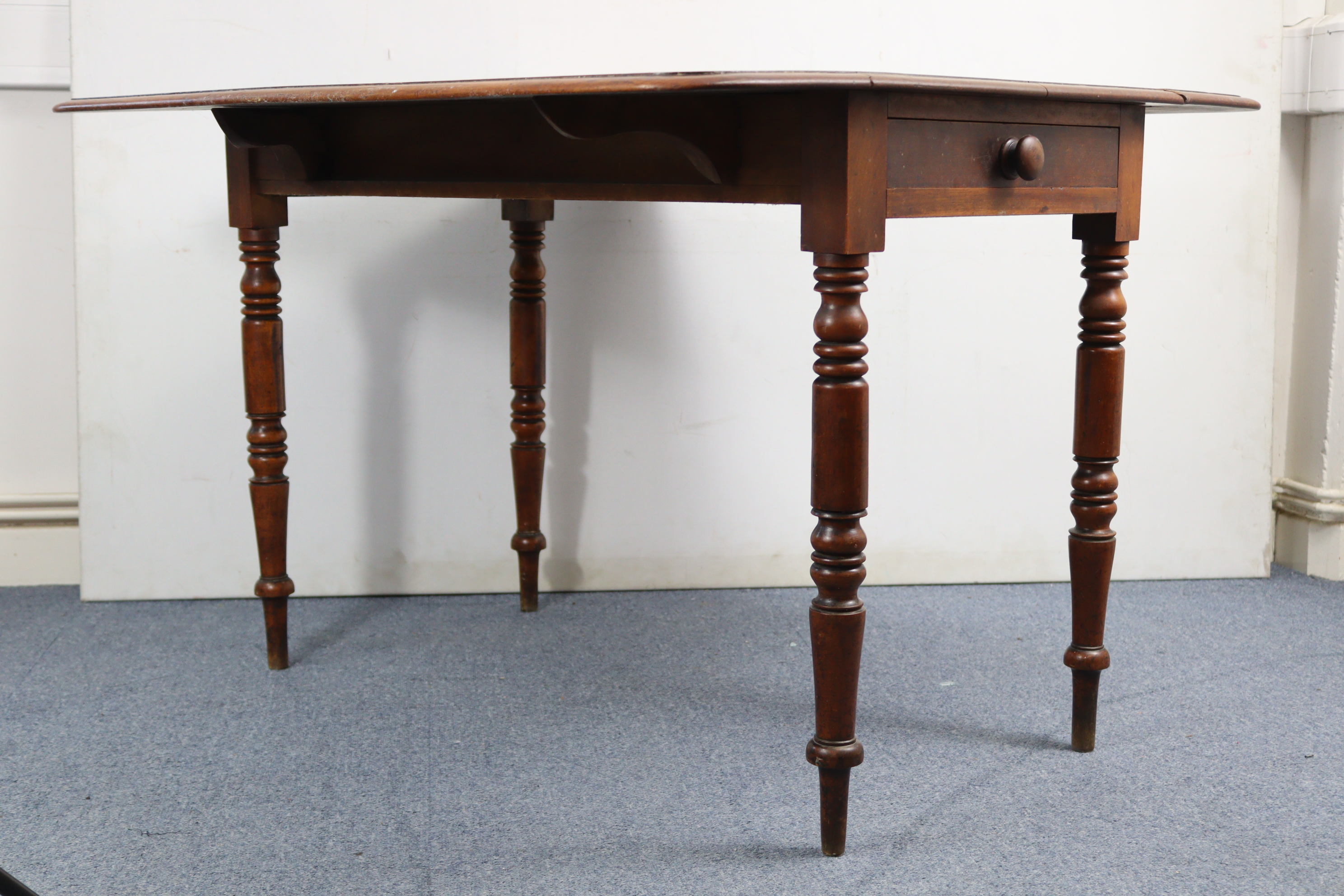 A 19th century mahogany Pembroke table, fitted end drawer & on ring-turned tapered legs, 41” wide. - Image 5 of 5