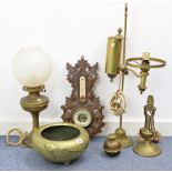 A brass student’s lamp; a brass gimbal lamp; a brass oil table lamp; a Chinese brass jardinière; & a