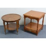 A Younger's cherrywood square two-tier occasional table, fitted drawer to the lower tier, & on balu
