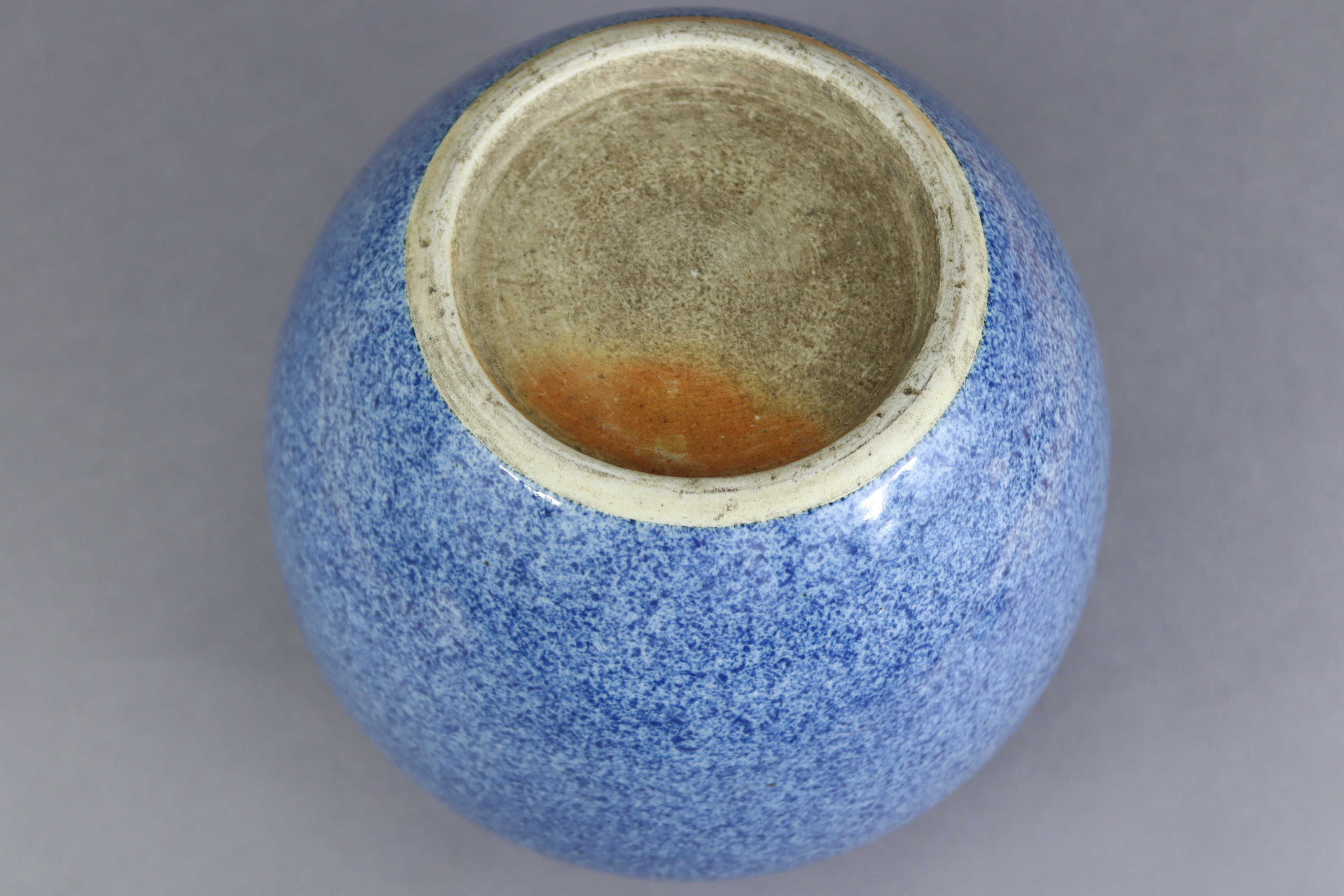 A Chinese porcelain powder-blue glazed vase, of squat round shape, with un-glazed base, 7½” high x - Image 5 of 6