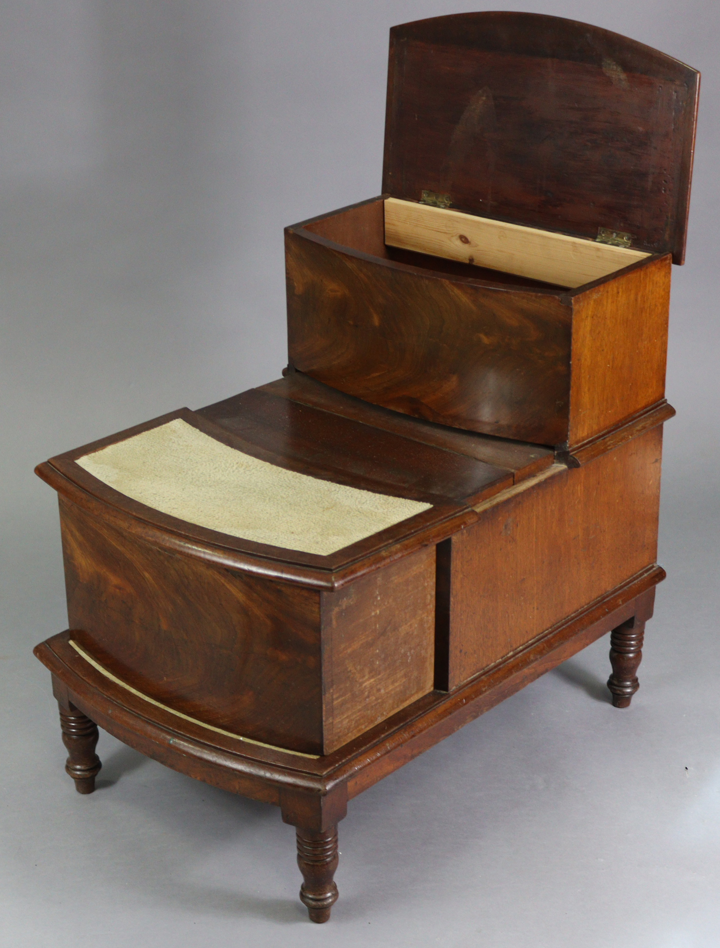 A Victorian mahogany steps commode, with bow-fronts, hinged lift-lids, on short turned - Image 2 of 3