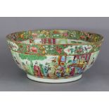 A 19th CENTURY CANTONESE LARGE PUNCH BOWL with all-over famille rose decoration of figure scenes