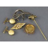 A late Victorian 15ct. gold brooch set tiny ruby & diamonds, Birmingham hallmarks for 1900 (4gm);