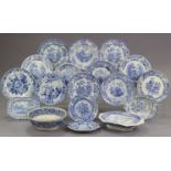 Ten various early 19th century English blue transfer decorated dinner plates, 9½” to 10” diam.; a