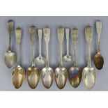Six Victorian silver Fiddle pattern dessert spoons (odd dates & makers); two ditto teaspoons; & a