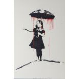 ROBERT DRIESSEN after BANKSY. “Umbrella Girl”; pen & red & black ink; signed & inscribed: 19” x