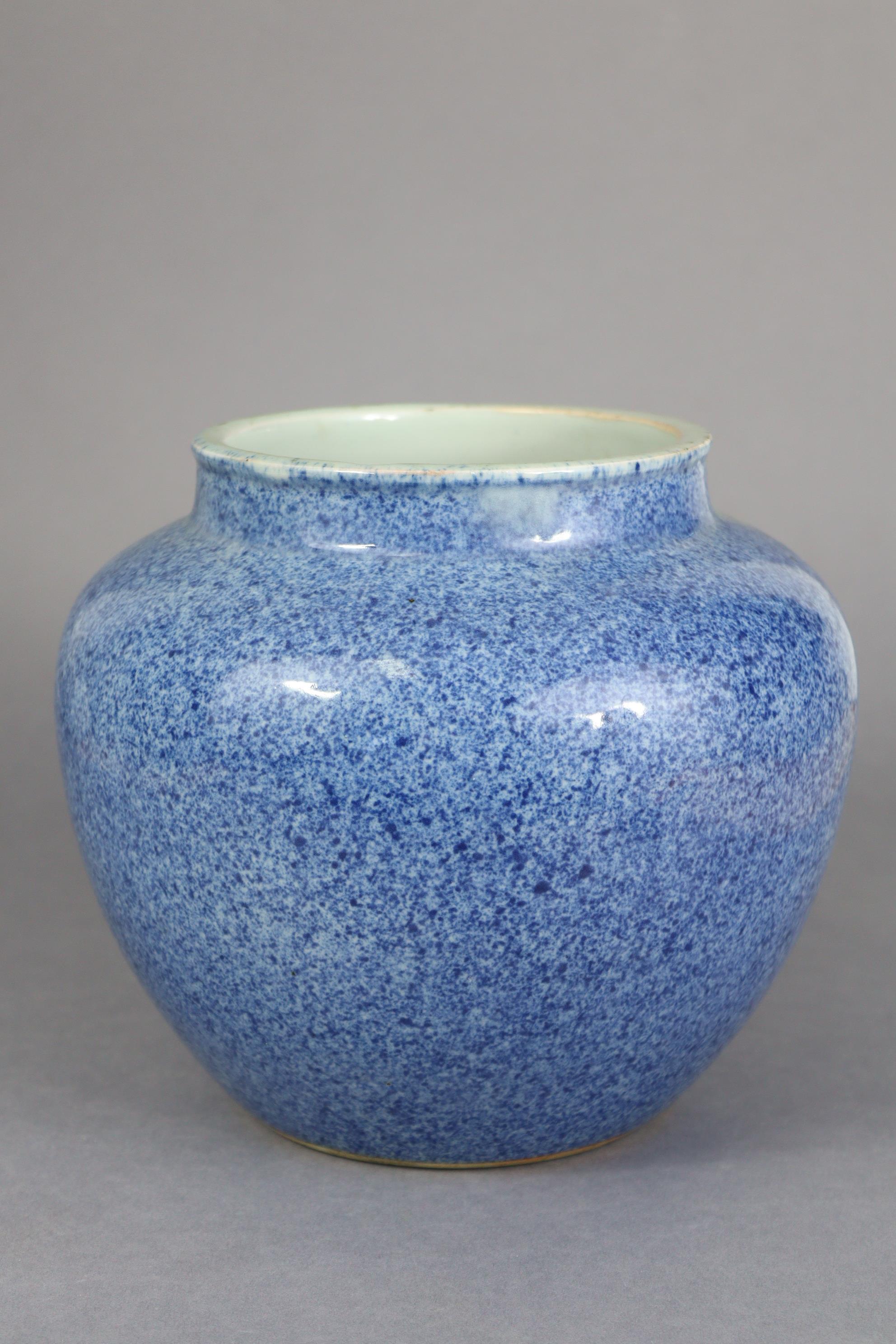A Chinese porcelain powder-blue glazed vase, of squat round shape, with un-glazed base, 7½” high x - Image 2 of 6