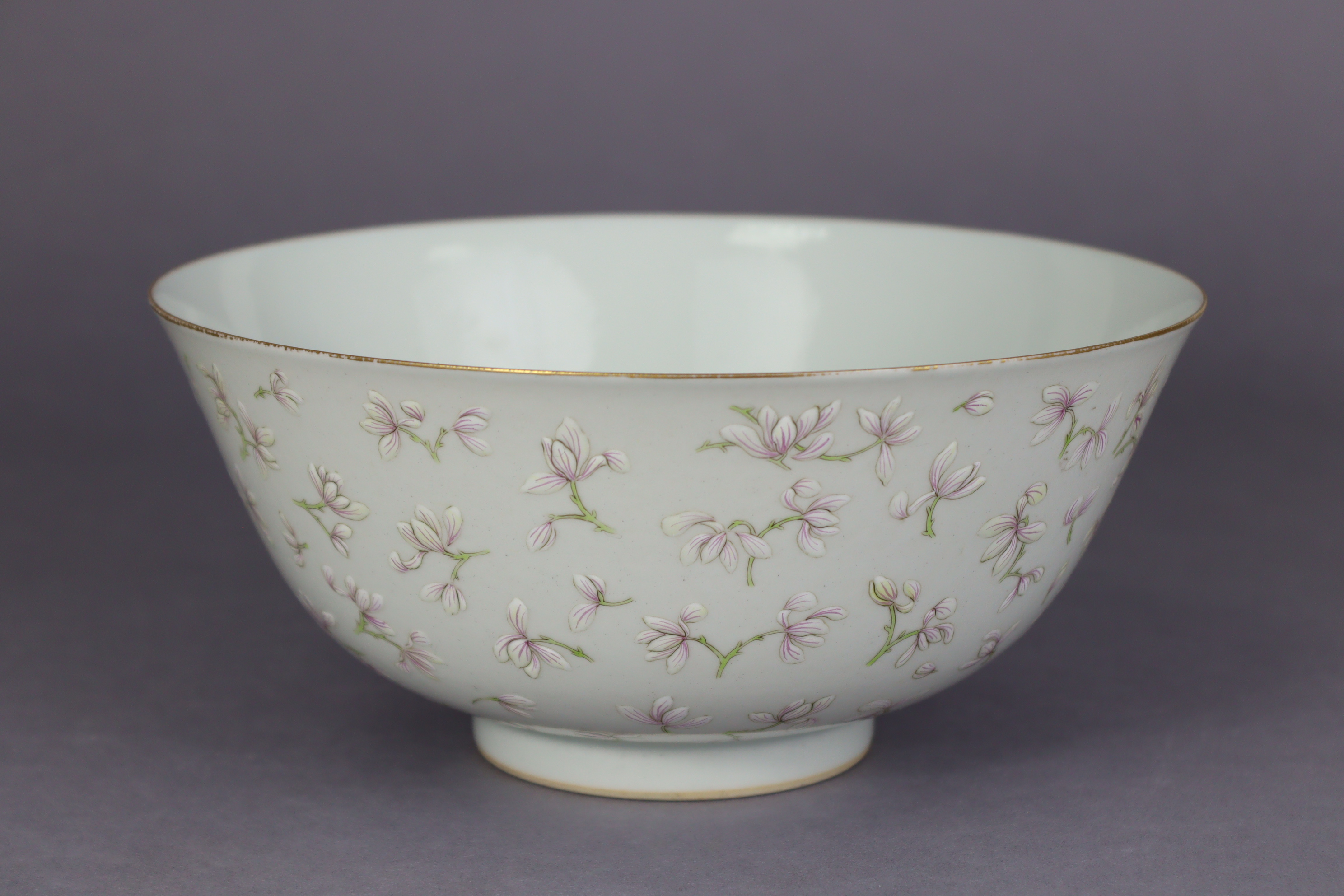 A Chinese porcelain bowl of off-white ground, the exterior with all-over decoration of blossoming - Image 2 of 6