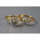 A gold & platinum ring set cluster of small diamonds (Size: L; weight: 2.3gm); & another ring set