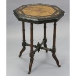 A Victorian burr-walnut, ebonised, & inlaid octagonal occasional table on four ring-turned supports