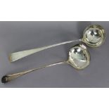 A Scottish George III silver Old English Feather-Edge soup ladle with engraved family crest 7 motto: