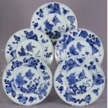 A set of five early 18th century Chinese blue & white porcelain plates decorated with rock-work,