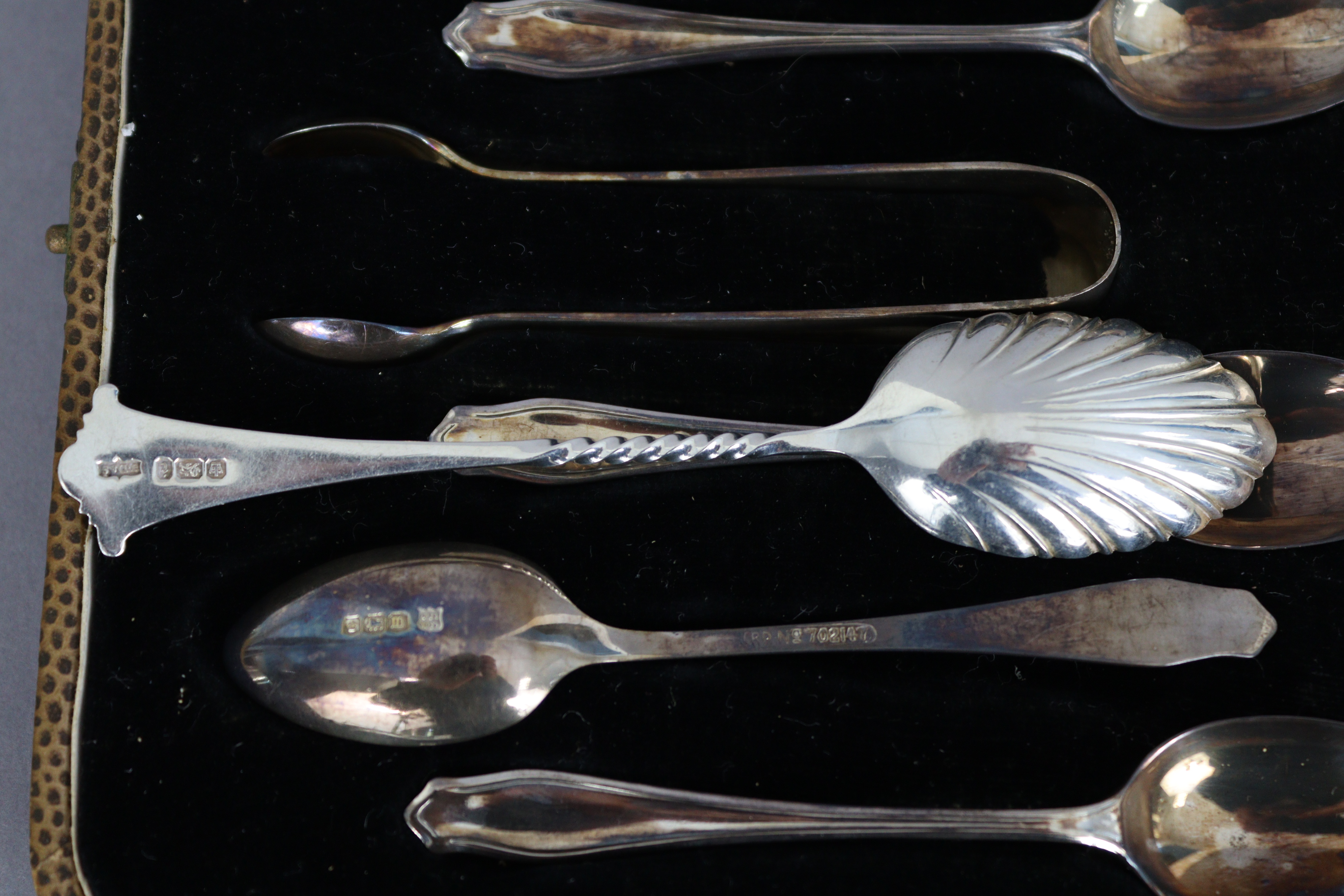 A set of six silver coffee spoons & matching tongs, Sheffield 1929, in fitted case; & a set of - Image 2 of 2