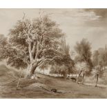 ENGLISH SCHOOL, 19th century. A sepia watercolour of haymakers resting beside a river,