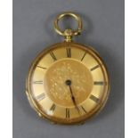 A late 19th/early 20th century 18K continental fob watch with black roman numerals to the 1¼”