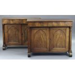 A pair of early Victorian figured mahogany chiffoniers, each with moulded edge above two frieze