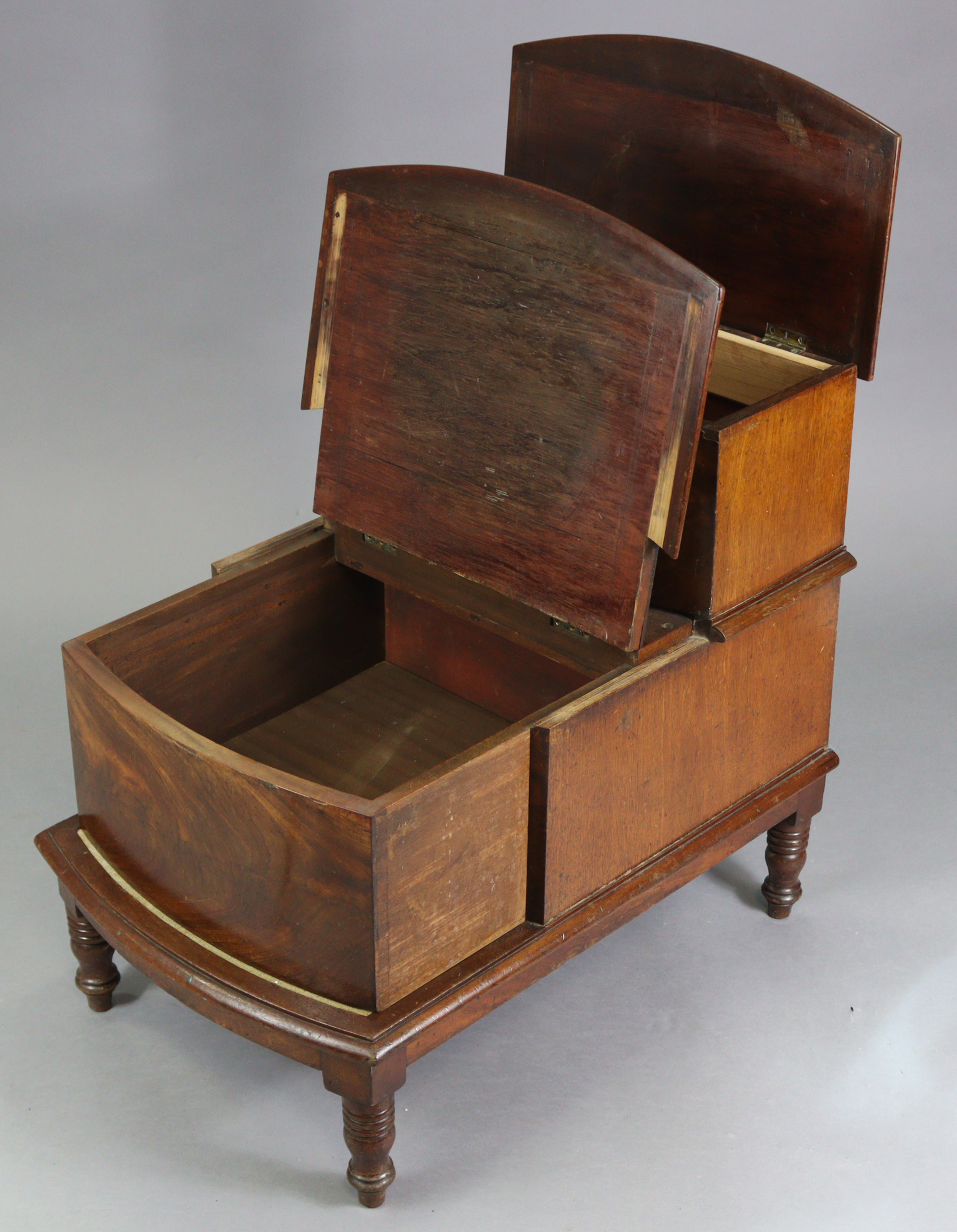 A Victorian mahogany steps commode, with bow-fronts, hinged lift-lids, on short turned - Image 3 of 3