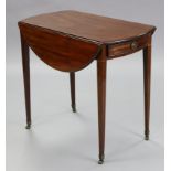 A regency inlaid-mahogany oval drop-leaf table, fitted end drawer with brass ring handle, & on