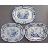 A 19th century Minton “Genovese” pattern blue transfer oblong meat plate, 17” x 13½”; a similar “