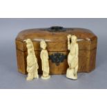 A 19th century oak three-division tea caddy with serpentine sides & pierced & engraved brass handle,