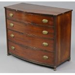 A George III inlaid-mahogany bow-front chest, fitted four long graduated drawers with embossed brass