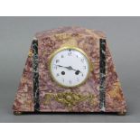 A French Art Deco mantel clock in pink & green marble case, the 4¼” diam. white enamel dial with