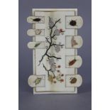 A Japanese Shibayana decorated ivory whist marker inlaid with birds, insects, & a sprig of