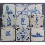 A group of nine various 18th century Dutch delft blue & white tiles, including a Biblical tile