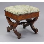 A Victorian walnut box-seat square stool with padded seat upholstered floral damask, on X-shaped