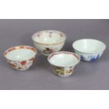 A group of three 18th century Chinese porcelain teacups decorated in coloured enamels, 3½”, 3”, &