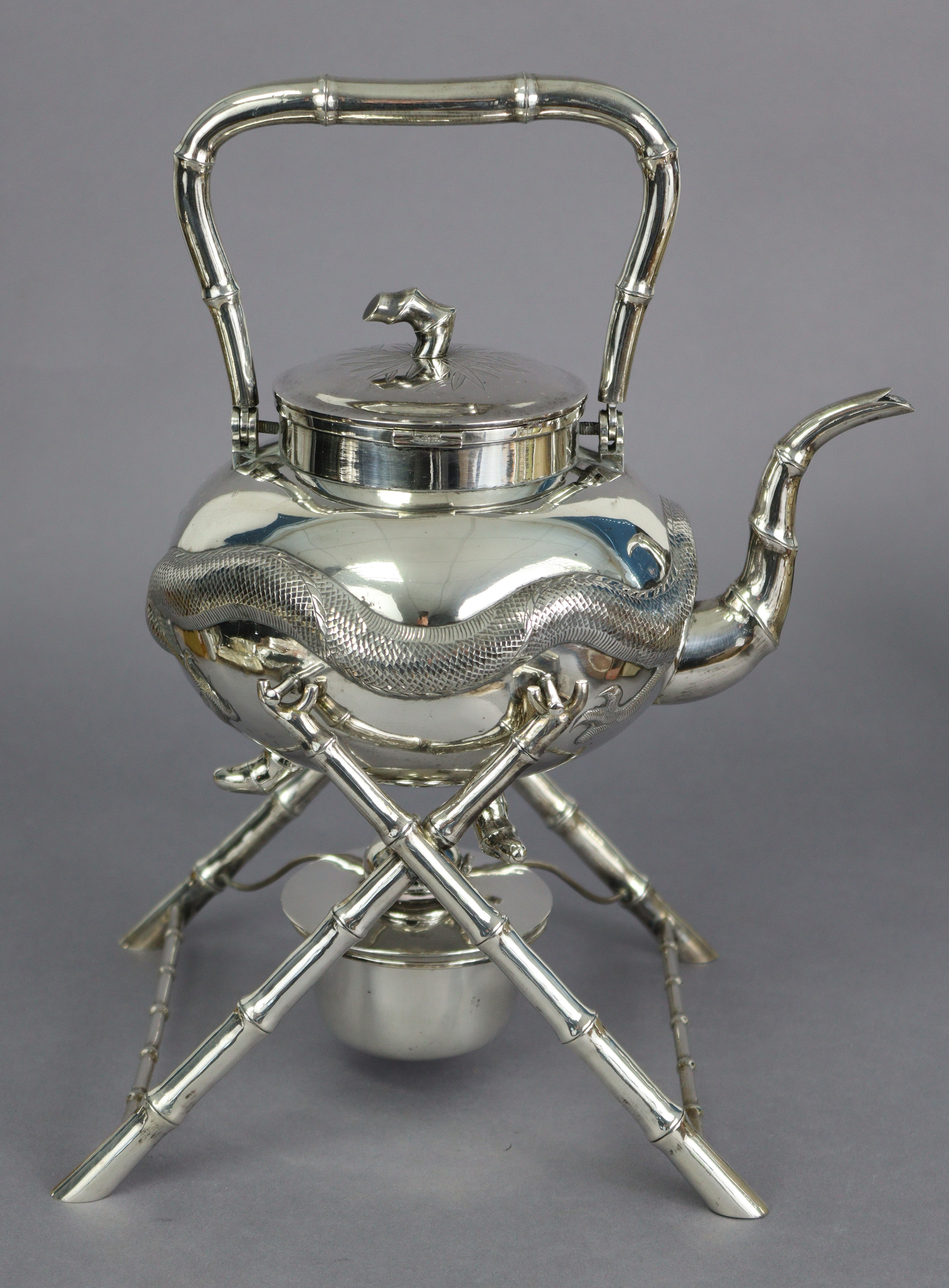 A CHINESE SILVER TEA KETTLE by KWONG MAN SHING, of compressed round form, embossed with an - Image 3 of 7