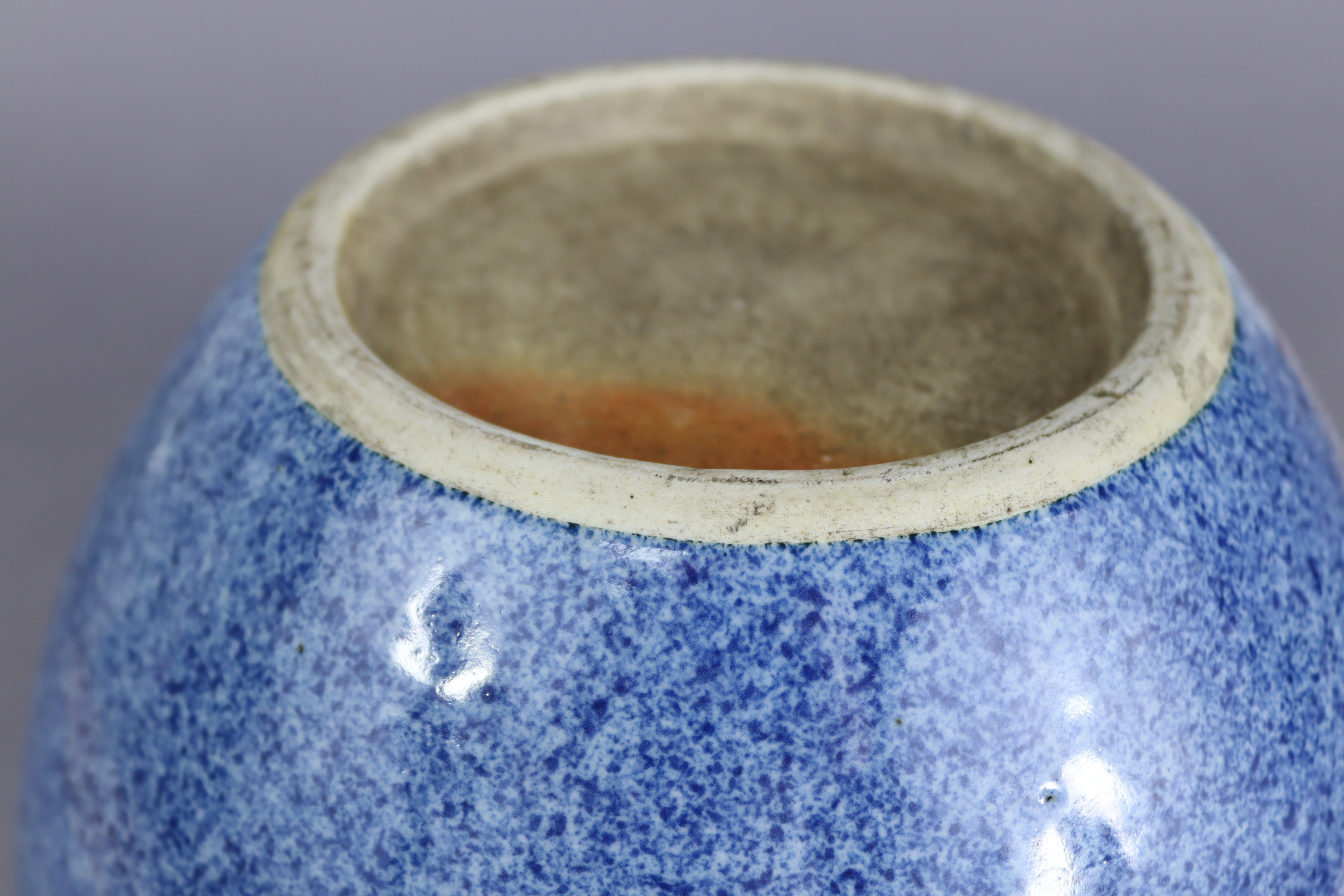 A Chinese porcelain powder-blue glazed vase, of squat round shape, with un-glazed base, 7½” high x - Image 6 of 6