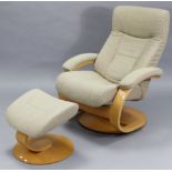 A Fjords (Swedish) swivel & reclining easy chair upholstered fawn material, & a ditto rectangular