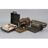 A Singer electric sewing machine in oak case; an Alfa ditto in fibre-covered case; & two
